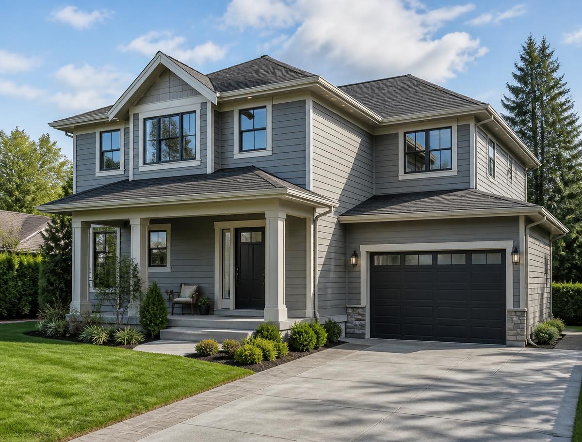 Modern two-storey home with grey James Hardie fiber cement siding and white trim