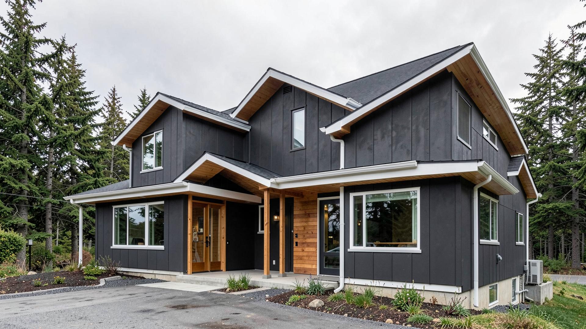 Modern Fraser Valley home finished in dark fiber cement siding with white trim and cedar accents
