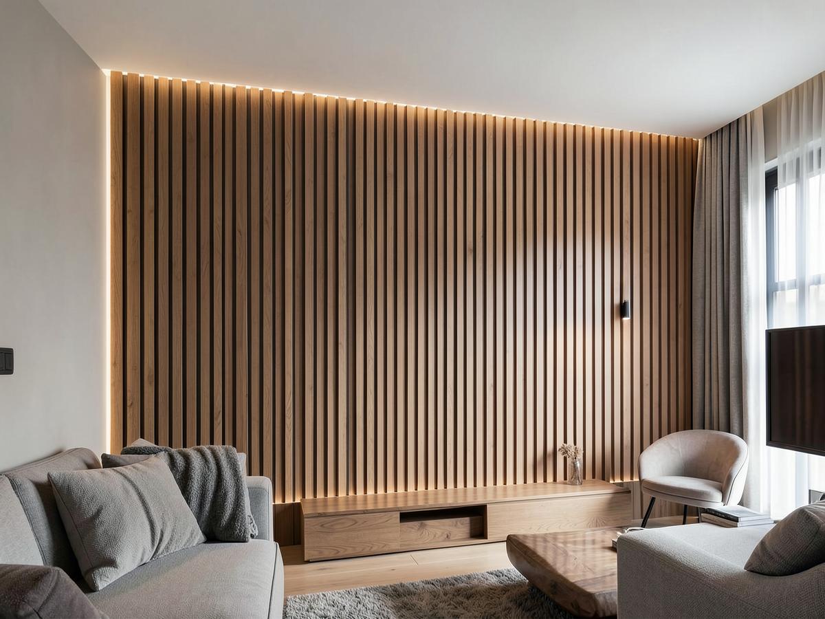 Warm oak WPC fluted wall panels used as a living room feature wall