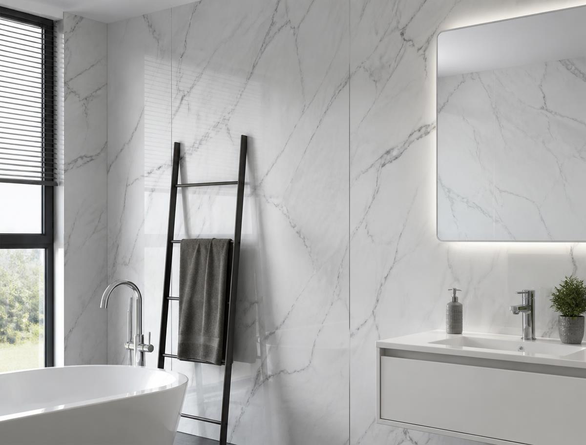 Modern bathroom wall clad in white and grey marble-look PVC sheet panels