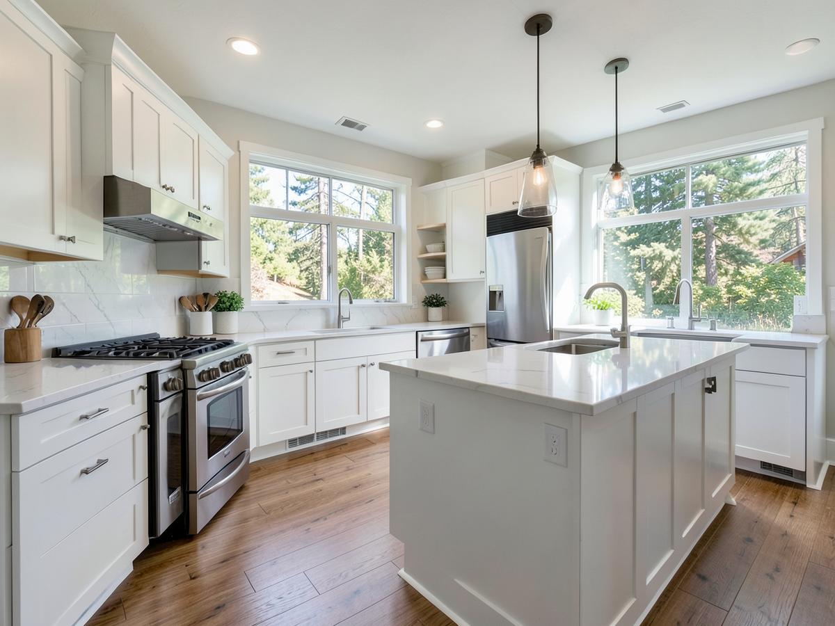 Bright renovated kitchen with white cabinets, quartz counters and wood floors