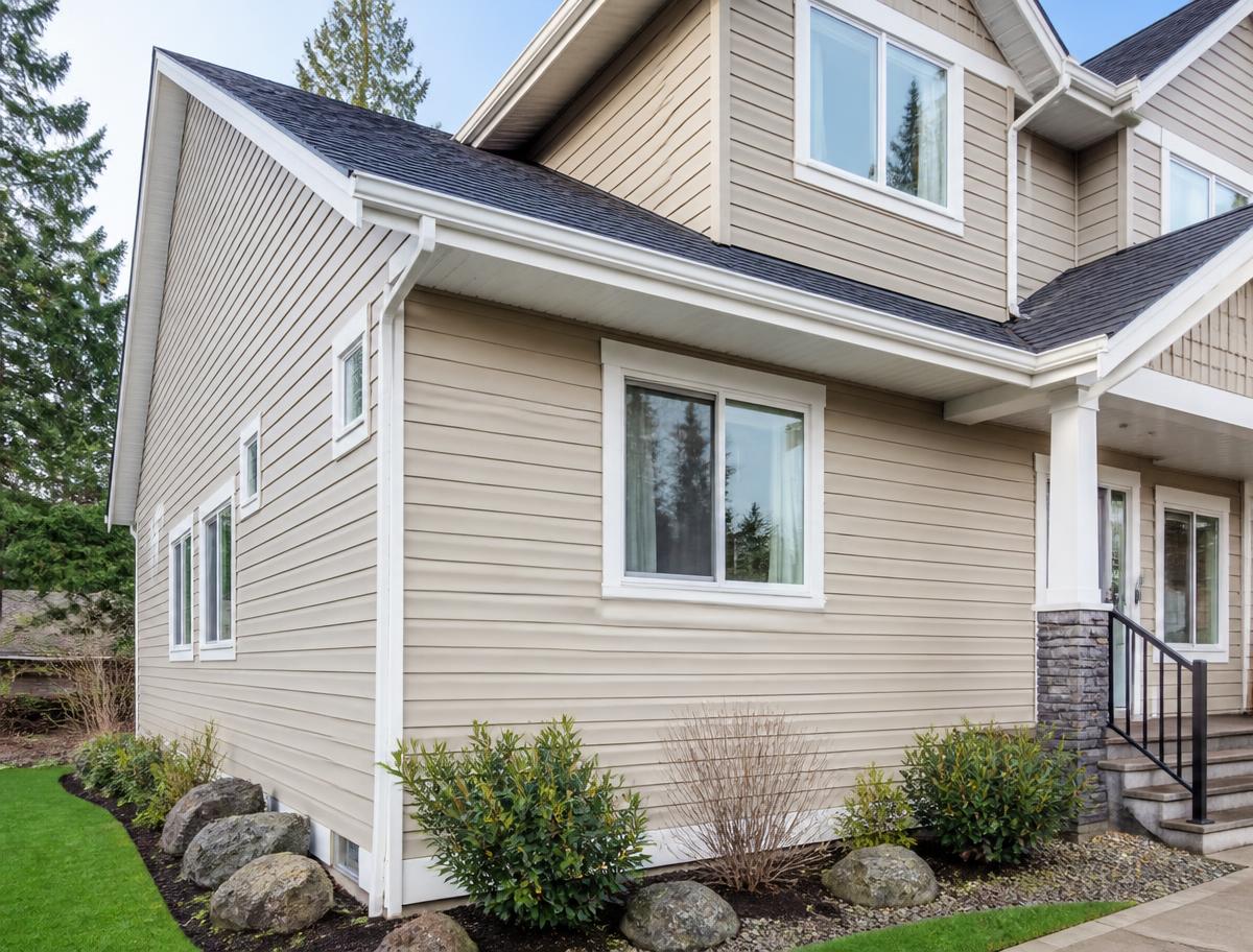 Fraser Valley home finished in beige vinyl siding with white trim and corner posts